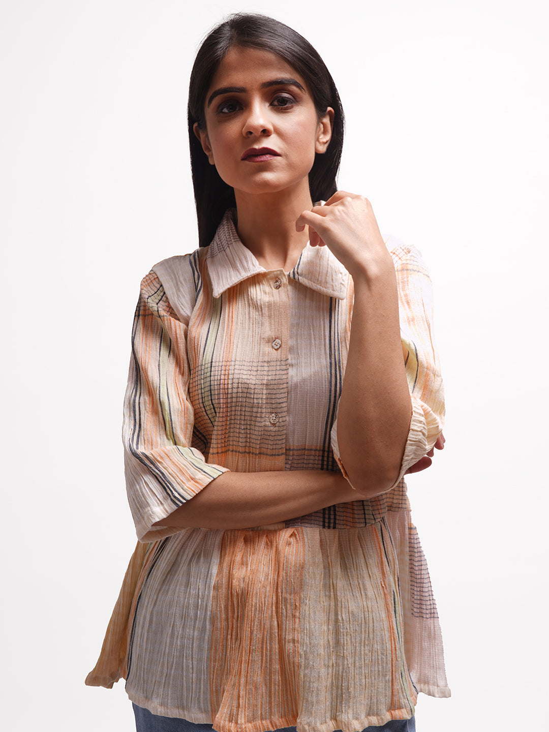 Wrinkled Checkered Peplum Shirt