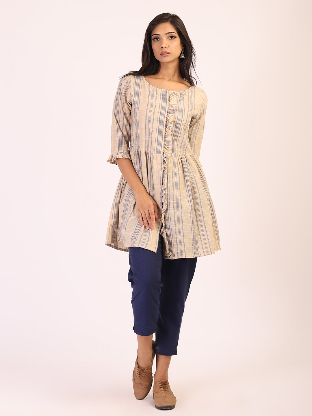 Beige Blue Striped Top