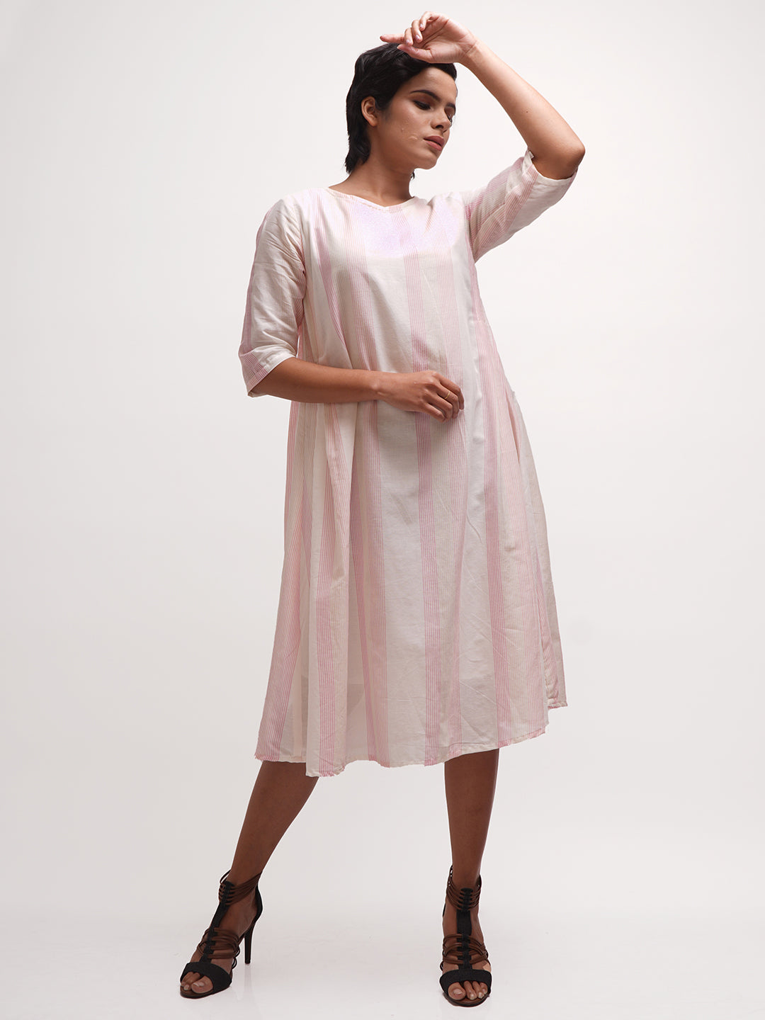 White - Pink Striped Flared Dress