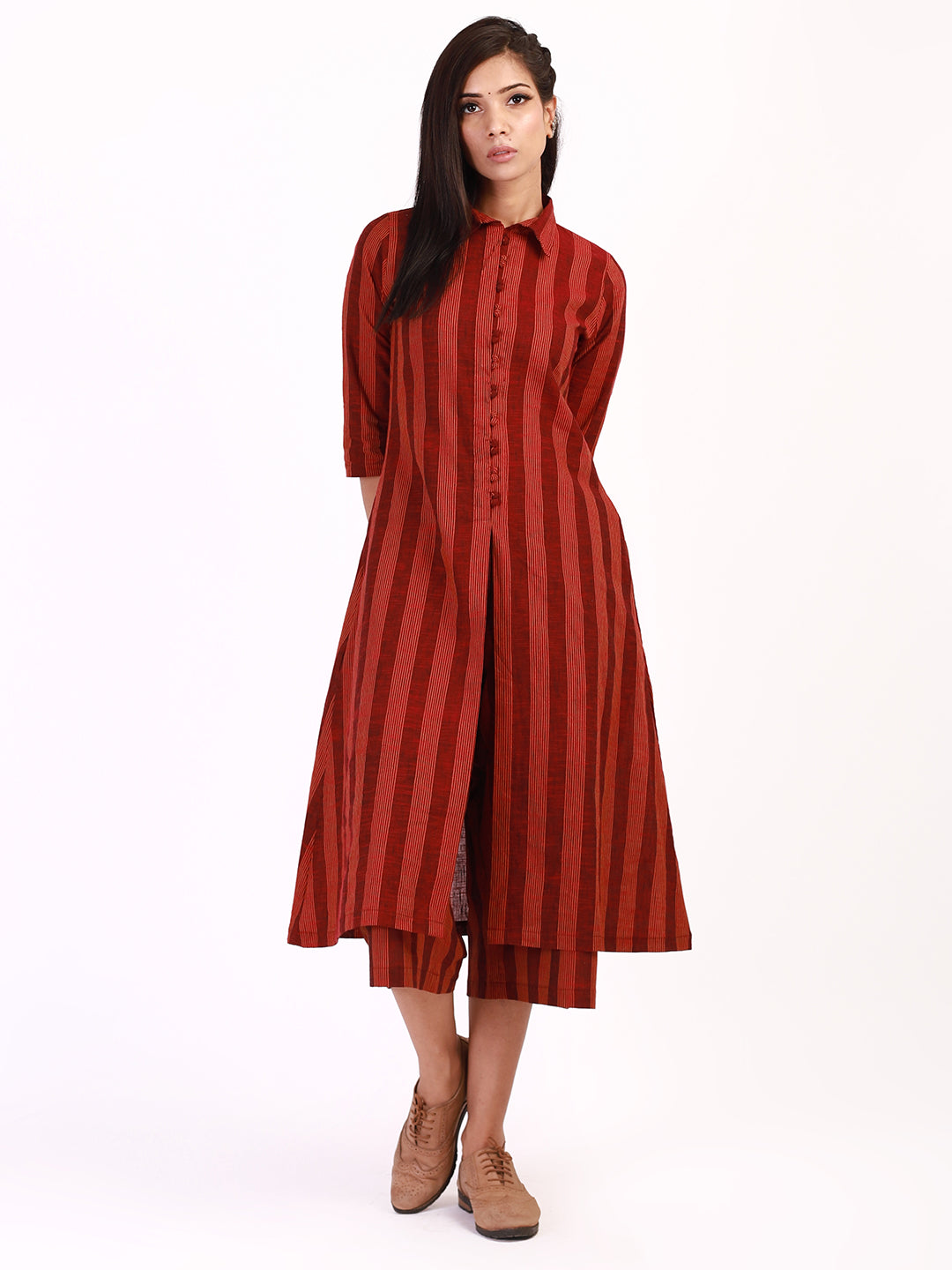 Red Orange Striped Kurta with Culottes