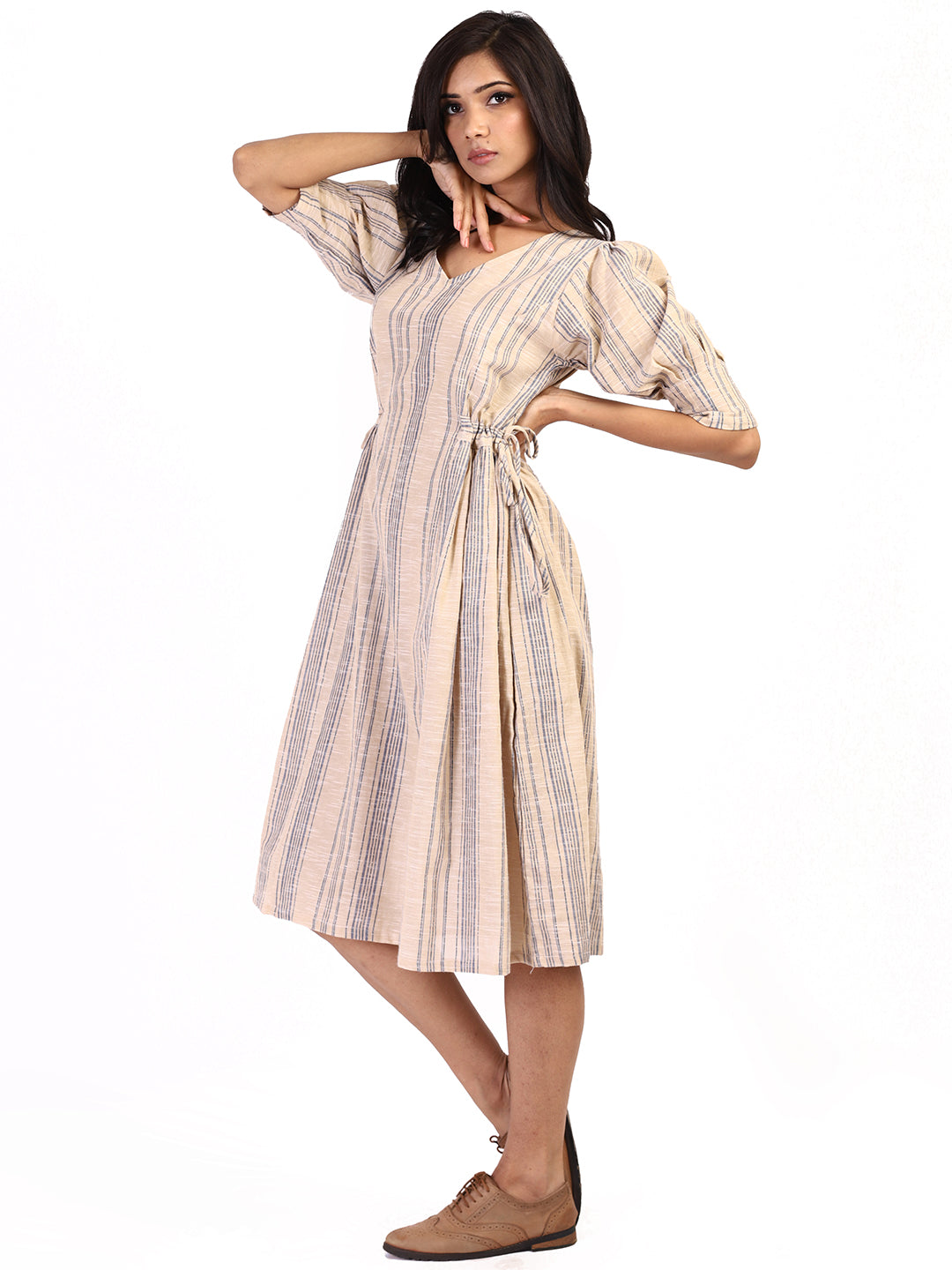 Beige Blue Striped Dress