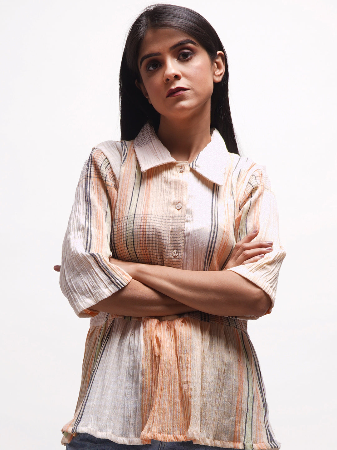 Wrinkled Checkered Peplum Shirt