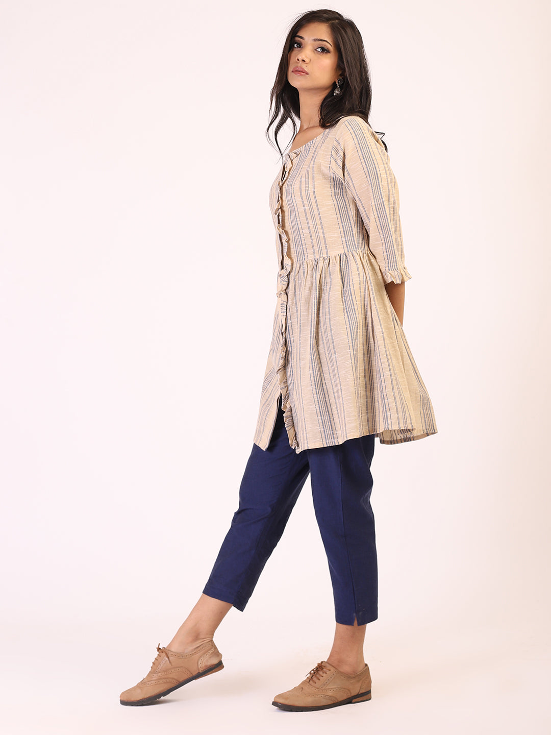 Beige Blue Striped Top
