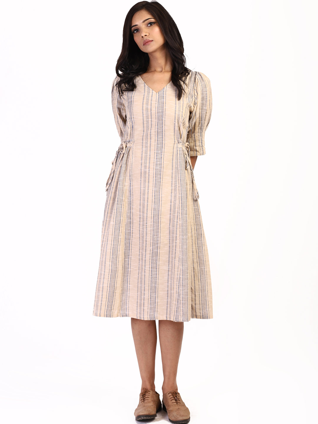 Beige Blue Striped Dress