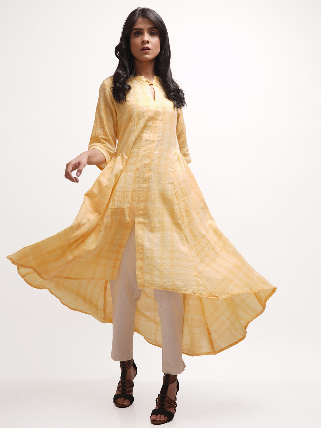 Yellow Checkered Asymmetrical Kurta