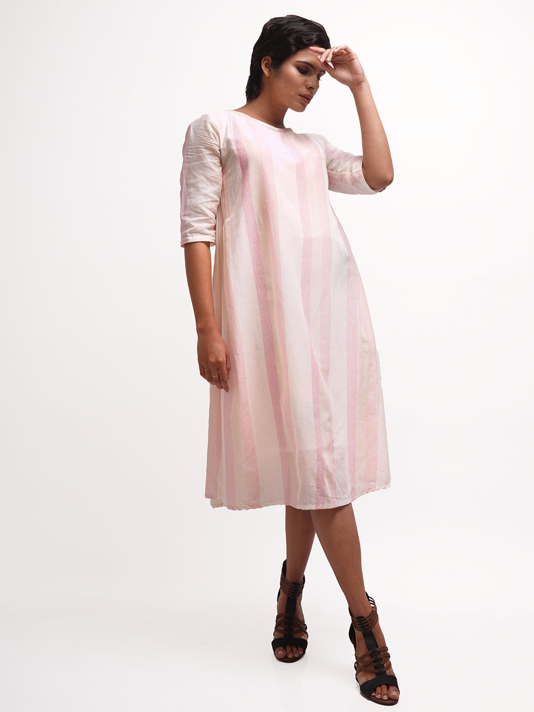 White - Pink Striped Flared Dress