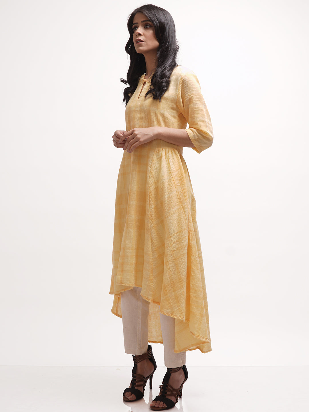Yellow Checkered Asymmetrical Kurta