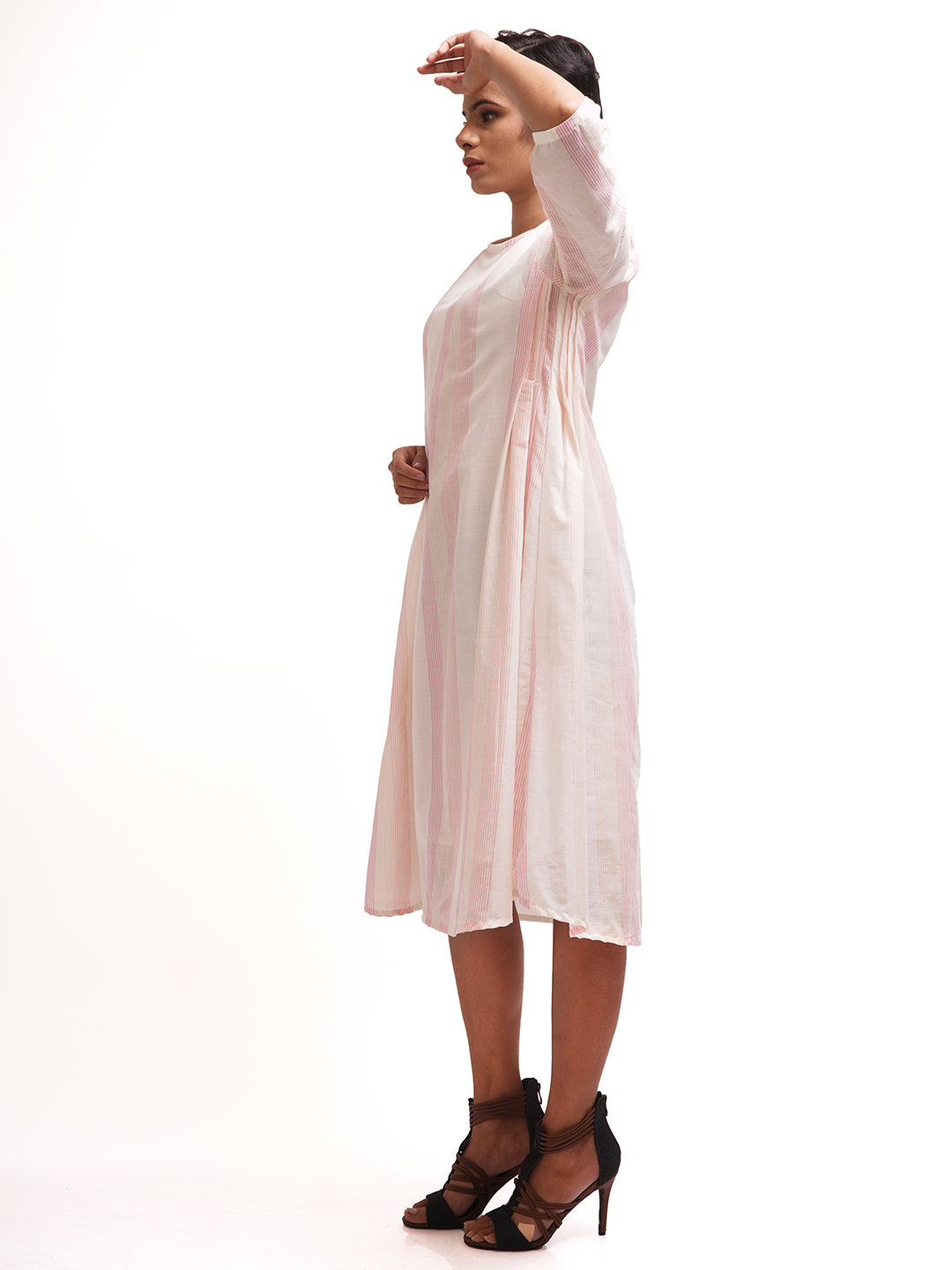 White - Pink Striped Flared Dress