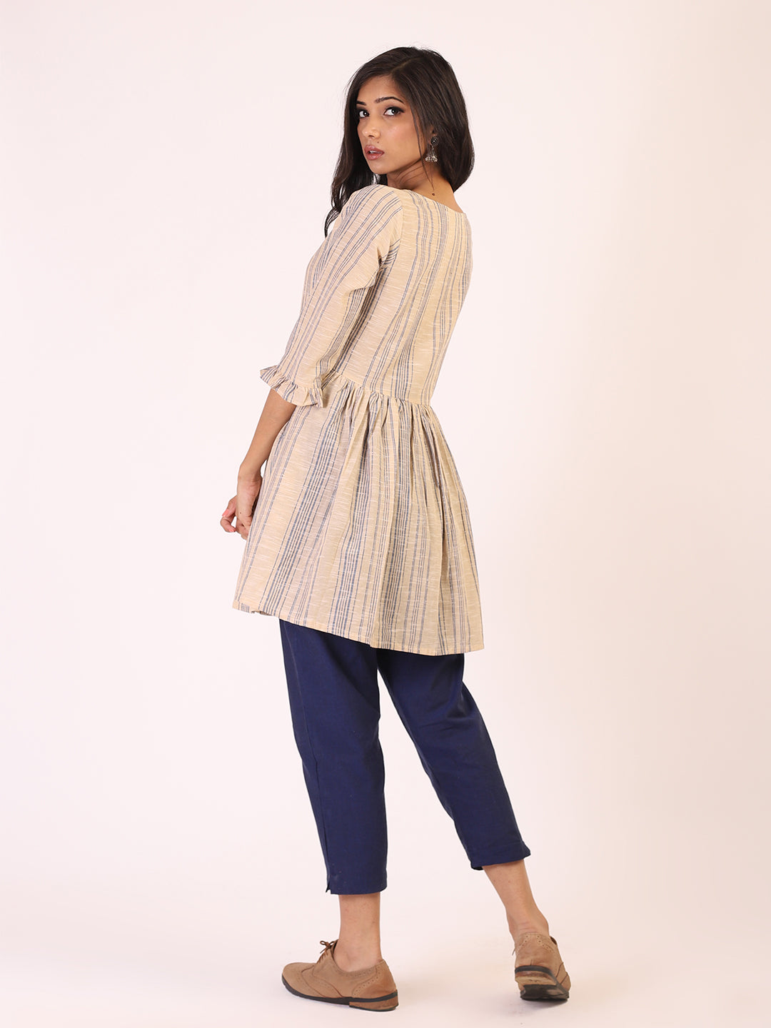 Beige Blue Striped Top