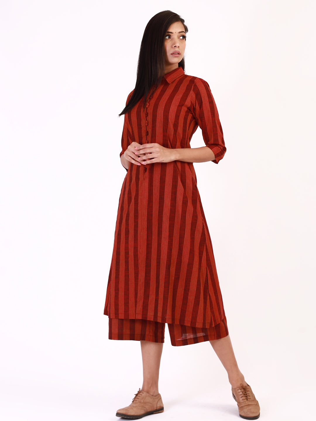 Red Orange Striped Kurta with Culottes