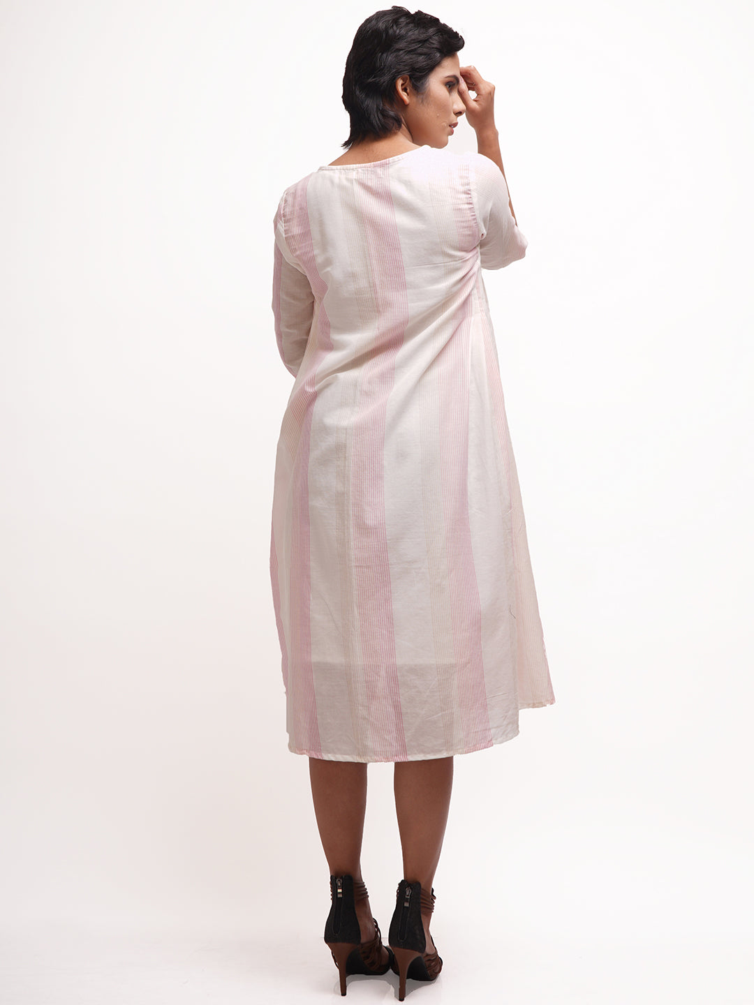 White - Pink Striped Flared Dress