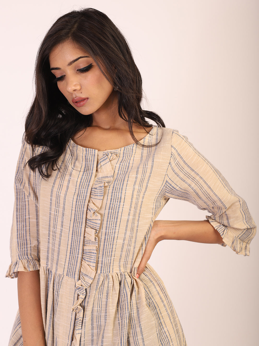 Beige Blue Striped Top