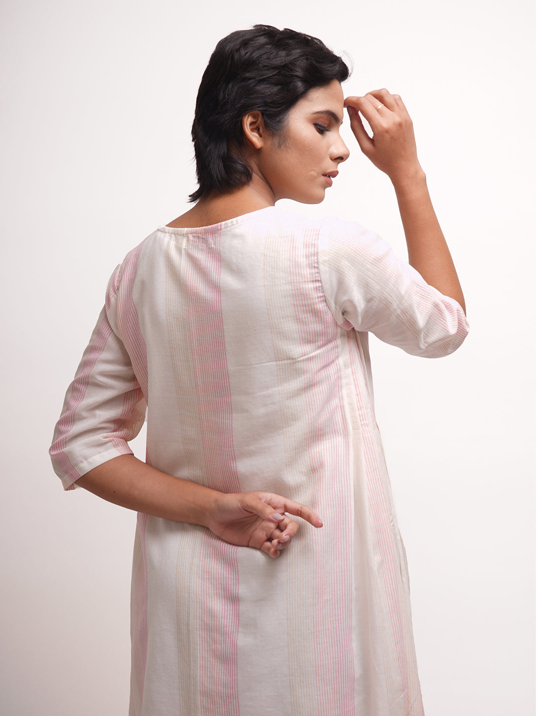 White - Pink Striped Flared Dress
