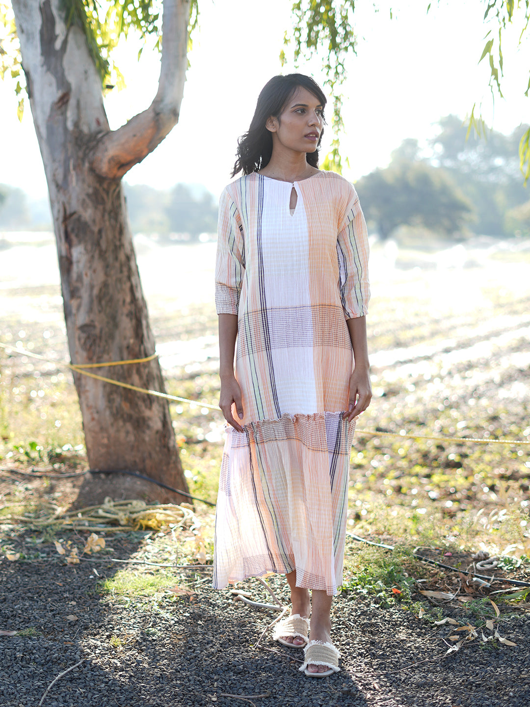 Wrinkled Checkered Tiered Dress