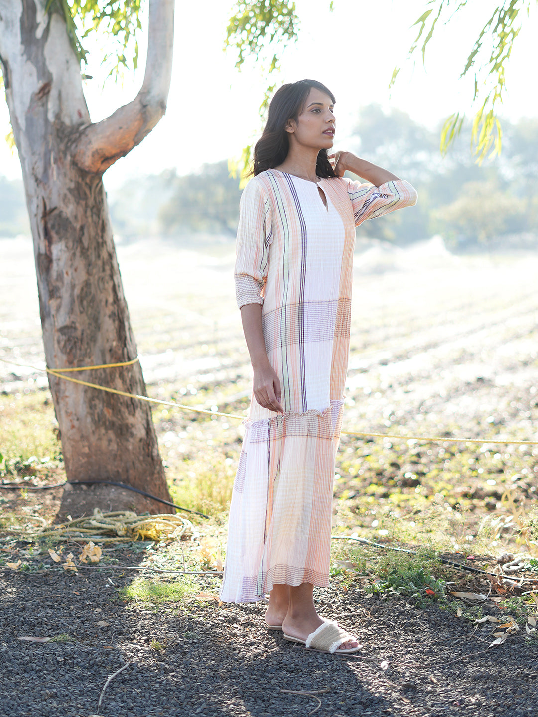 Wrinkled Checkered Tiered Dress