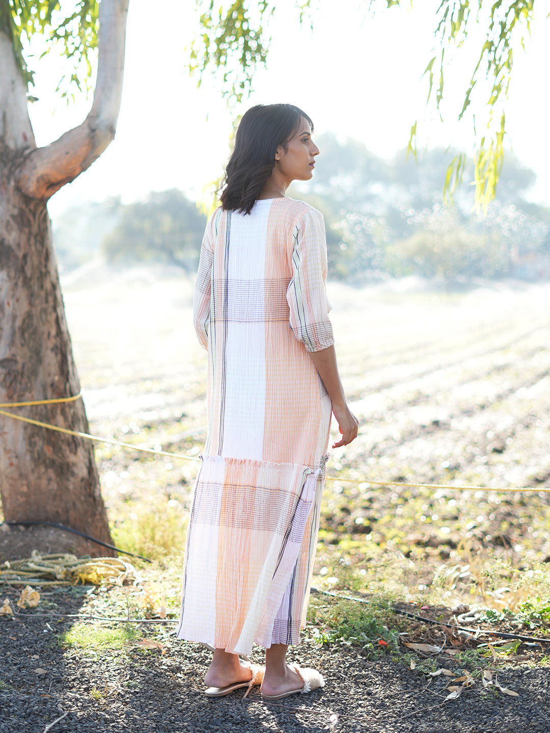 Wrinkled Checkered Tiered Dress