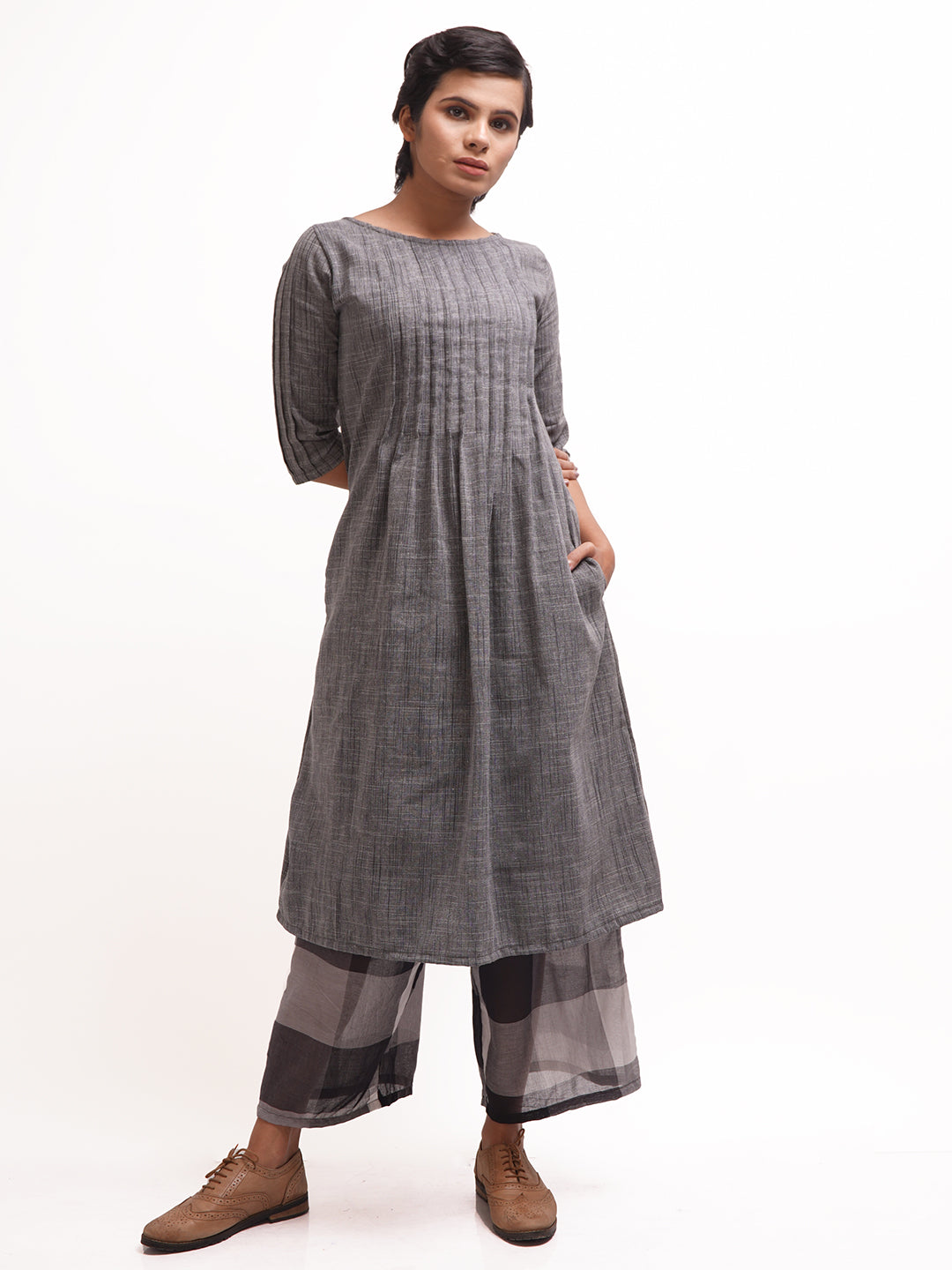 Blackish Grey Kurta with Checkered Palazzos