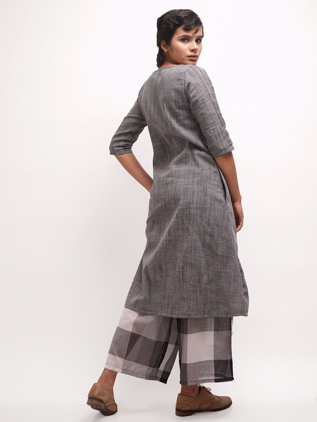Blackish Grey Kurta with Checkered Palazzos