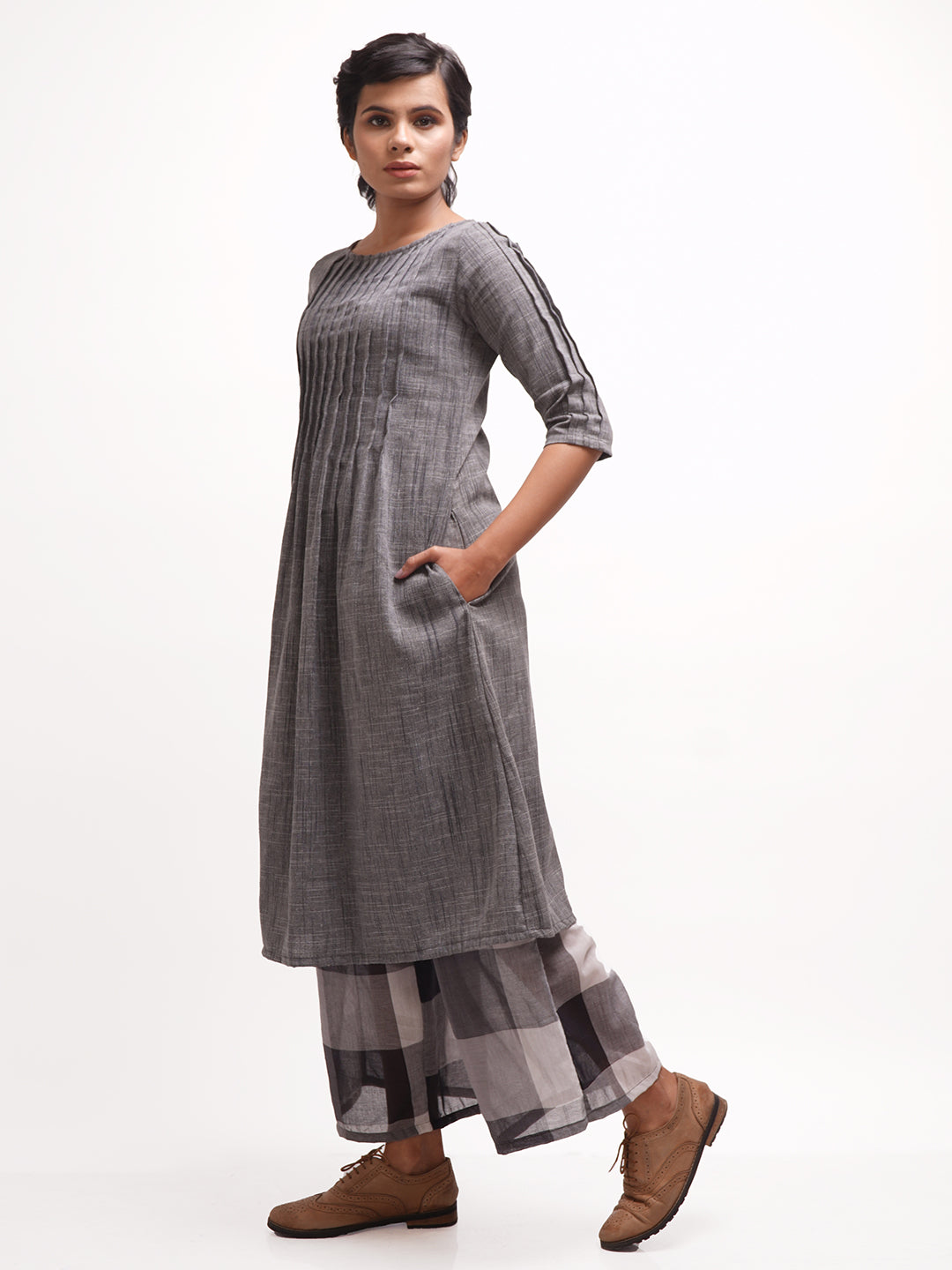Blackish Grey Kurta with Checkered Palazzos