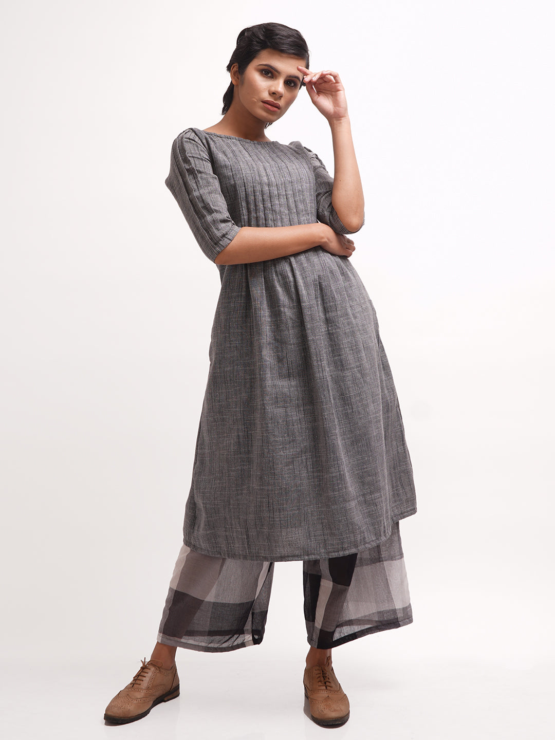 Blackish Grey Kurta with Checkered Palazzos