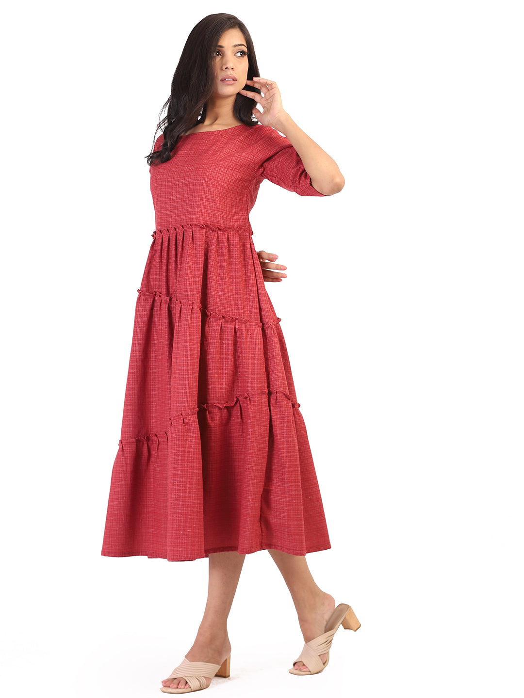 Dull Red Checkered Tiered Dress