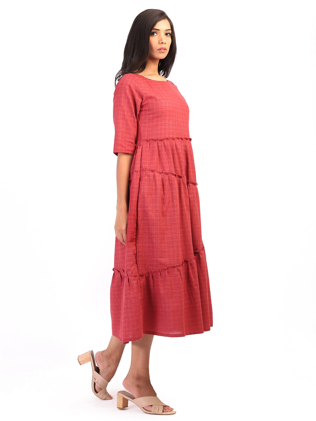 Dull Red Checkered Tiered Dress