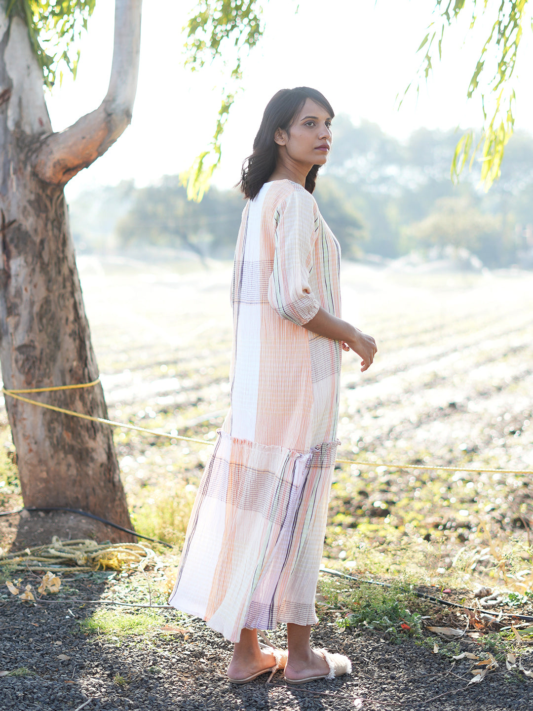 Wrinkled Checkered Tiered Dress